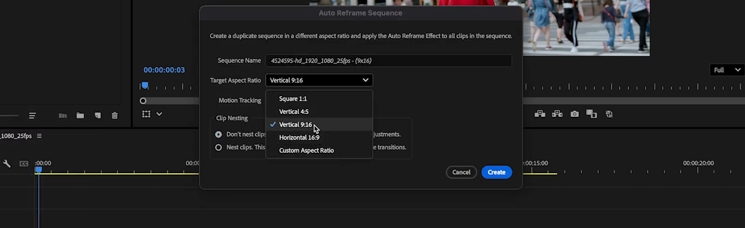 Auto Reframe Sequence dialog with Vertical 9:16 selected