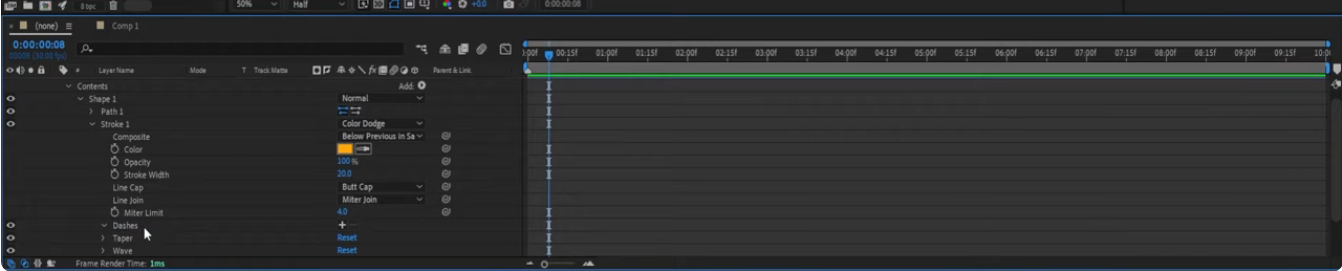 After Effects timeline with Stroke 1 expanded and Dashes set to Dash 20 and Gap 12