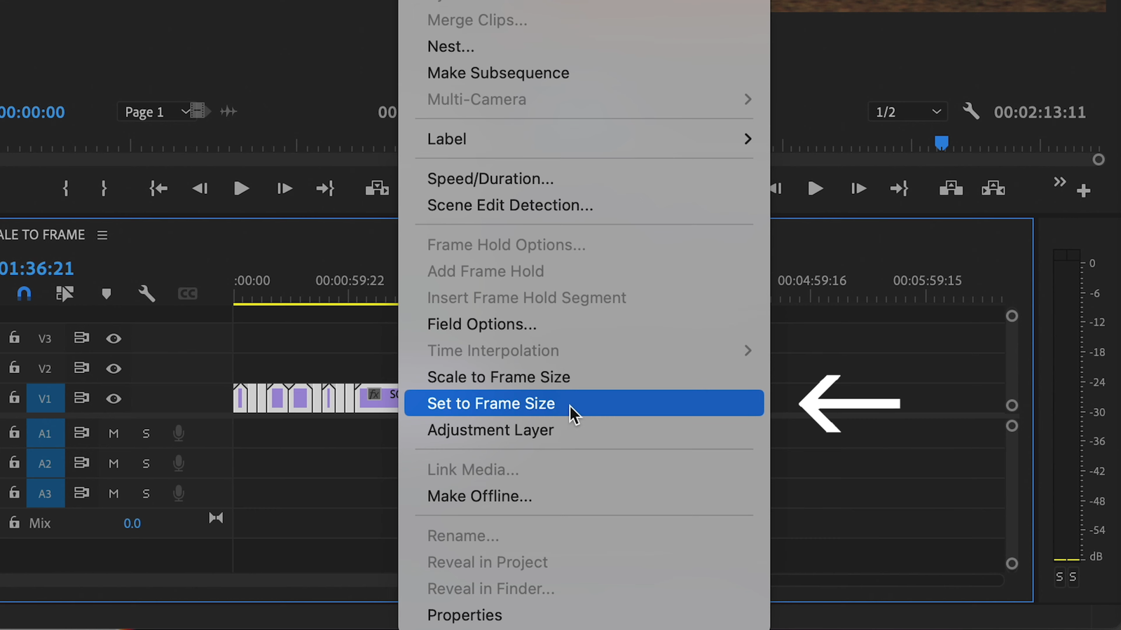 Right-click menu on a clip with Set to Frame Size highlighted